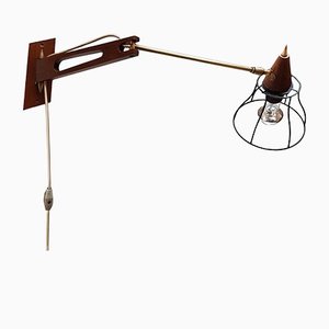 Mid-Century Teak & Brass Swing Arm Wall Lamp