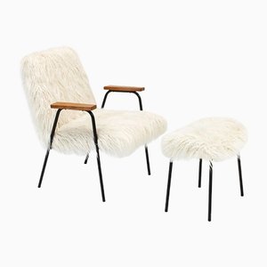 Robert Armchair & Footstool Upholstered in Pierre Frey by Pierre Guariche, Set of 2