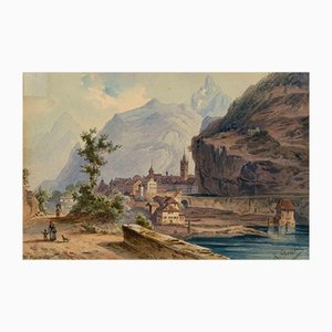 Friedrich Perlberg, Blick über die Rhône auf St. Maurice, Aquarell, Mitte 19. Jh