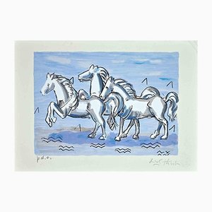 Lithographie Originale Ibrahim Kodra, Chevaux, 1974