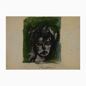 Mino Maccari, Portrait, Original Watercolor and Charcoal, Mid-20th Century