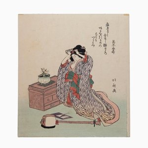 Yanagawa Shigenobu, A Geisha bereitet sich auf eine Shamisen Aufführung für das neue Jahr, Druck, 18. Jahrhundert vor
