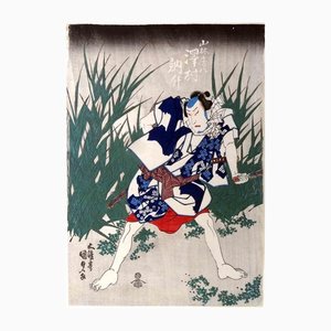 Utagawa Kunisada III, hombre en combate frente a las cañas, xilografía, siglo XIX