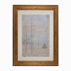 Emilio Longoni, Winter Landscape, Original Drawing, 1920s, Framed