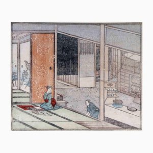 Utagawa Hiroshige, escena interior con servicio tradicional, siglo XIX