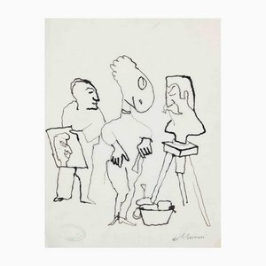 Mino Maccari, The Sculptor and the Painter, China Ink, Mid 20th Century