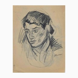 Mino Maccari, Portrait, Original Charcoal Ink, Mid-20th Century