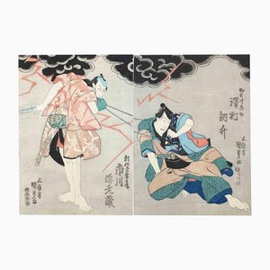 Utagawa Kunisada (Toyokuni III), Due attori in scena di combattimento con fulmini e...