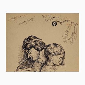 Mino Maccari, Mother and Child, Original Drawing, Mid-20th Century