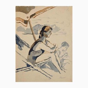 Mino Maccari, At the Beach, Original Drawing, Mid-20th Century