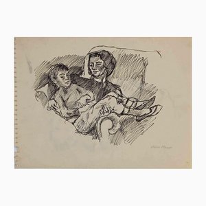 Mino Maccari, Mother and Child, Original Drawing, Mid-20th Century