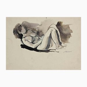 Mino Maccari, Reclined Nude, Original Drawing, Mid 20th-Century
