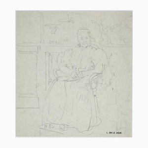 Louis Emile Adan, Portrait of a Lady on a Terrace, Original Drawing, 1930s