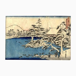 Hasegawa Sadanobu I, Ryoanji Temple in the Snow at Sunset, Original Woodcut by Hasegawa Sadanobu, 1850