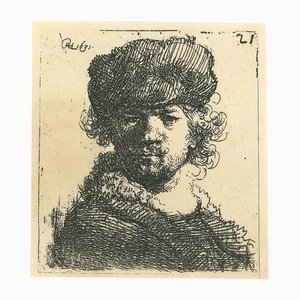 Autorretrato con gorro de piel de Rembrandt, aguafuerte, siglo XIX