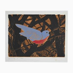 Giselle Halff, Bird in the Branches, Woodcut Print, Mid,20th-Century
