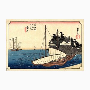 Grabado en madera original de Utagawa Hiroshige, Kuwana Station, años 20