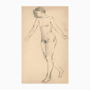 Female Nude Figure in Profile, Original Drawing, Early 20th-Century