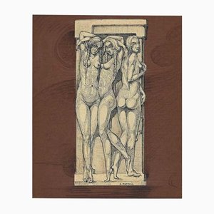 G. Mammoli, Caryatids, Original Drawing, Early 20th-Century