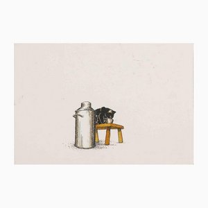 Katze Trinkmilch, Mitte des 20. Jahrhunderts, Zeichnung