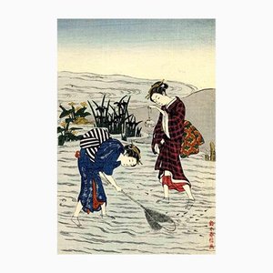 Harunobu Hishikawa, Women Fishing, Original Woodcut, 19th-Century
