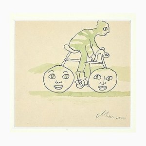 Dessin Original de Mino Maccari, The Biker, Mid 20th-Century