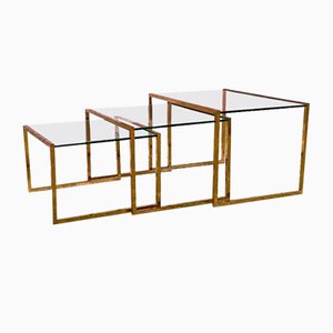 Mid-Century Italian Brass & Glass Stackable Tray Tables, 1950s, Set of 3