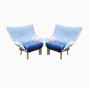 Italian Post-Modern Wood & Grey-Blue Fabric Armchairs, 1980s, Set of 2