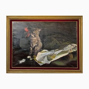 Bruno Amadio, Cat Playing with Gazzettino Veneto, 20th-Century, Oil on Canvas, Framed