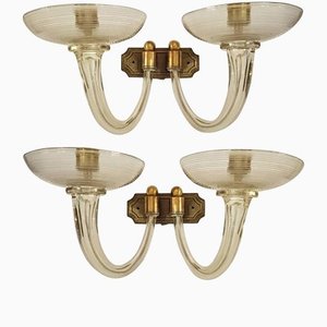 Art Deco Brass & Blown Glass Wall Lights, Set of 2
