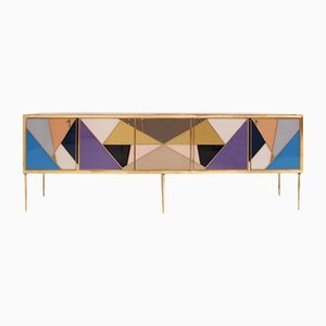 Italian Mid-Century Style Colored Glass and Brass Sideboard