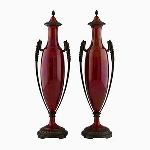 Art Deco Vases in Red Ceramic and Bronze by Paul Milet for Sèvres, Set of 2