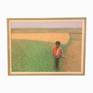 Roberto Balajadia, Niño caminando al amanecer en el campo, 1982, óleo sobre lienzo