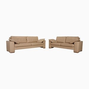 Beige Leather 3-Seater & 2-Seater Sofas, Set of 2
