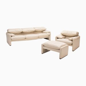 Maralunga Cream Leather Sofa, Armchair and Footstool by Vico Magistretti for Cassina, Set of 3