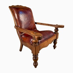Antique Colonial Teak & Leather Plantation Chair, 1890s