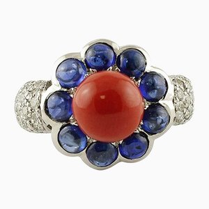 Bague Fashion en Forme de Fleur en Or Blanc et Corail