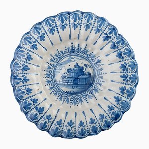 Blue and White Lobed Dish With Landscape, Northern Netherlands, 1640-1660
