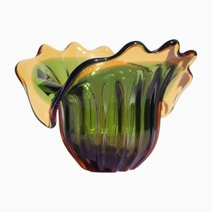 Cuenco Sommerso vintage en forma de concha de cristal de Murano verde y amarillo