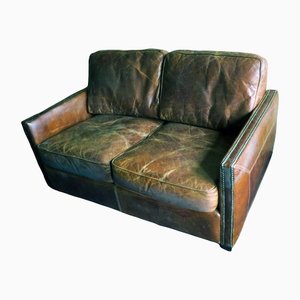Patinated Brown Leather 2 Seater Sofa