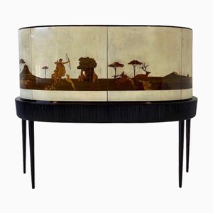 Art Deco Italian Bar Cabinet in Parchment with Inlays by Anzani, 1930s