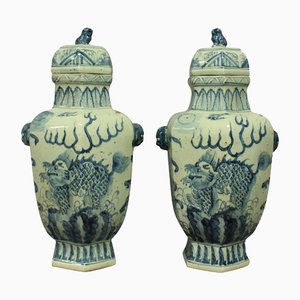 Large Chinese Vases with Lid, 1930s, Set of 2