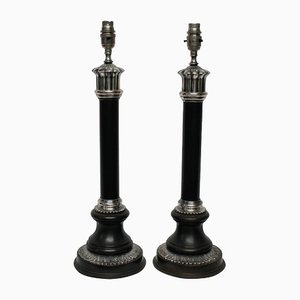 Mid-Century Bronze & Silver-Plated Column Table Lamps, Set of 2
