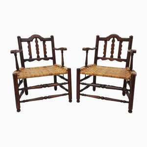Rattan and Wood Armchairs, 1980s, Set of 2