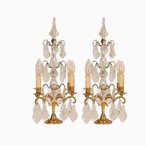 Victorian French Gilt Table Lamps with 4 Lights & Clear Crystal Prism Pendants, Set of 2