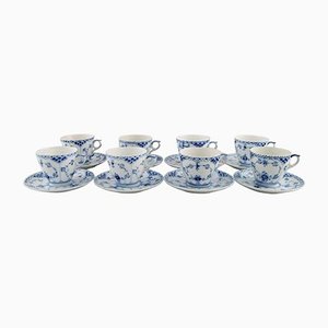 Tasses à Café Cannelées Bleues avec Soucoupes de Royal Copenhagen, Set de 16