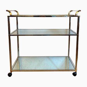 Hollywood Regency Golden Brass Tea Cart or Serving Trolley with Glass Plates