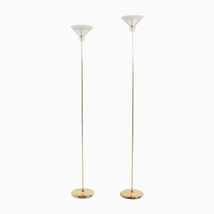 Italian Golden Floor Lamps with Glass Shade, 1970s, Set of 2