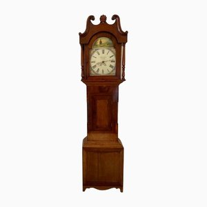 Antique Victorian Oak & Mahogany Painted Arched Dial Grandfather Clock