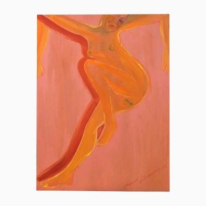 Anastasia Kurakina, mujer en naranja, óleo sobre cartón, 2018